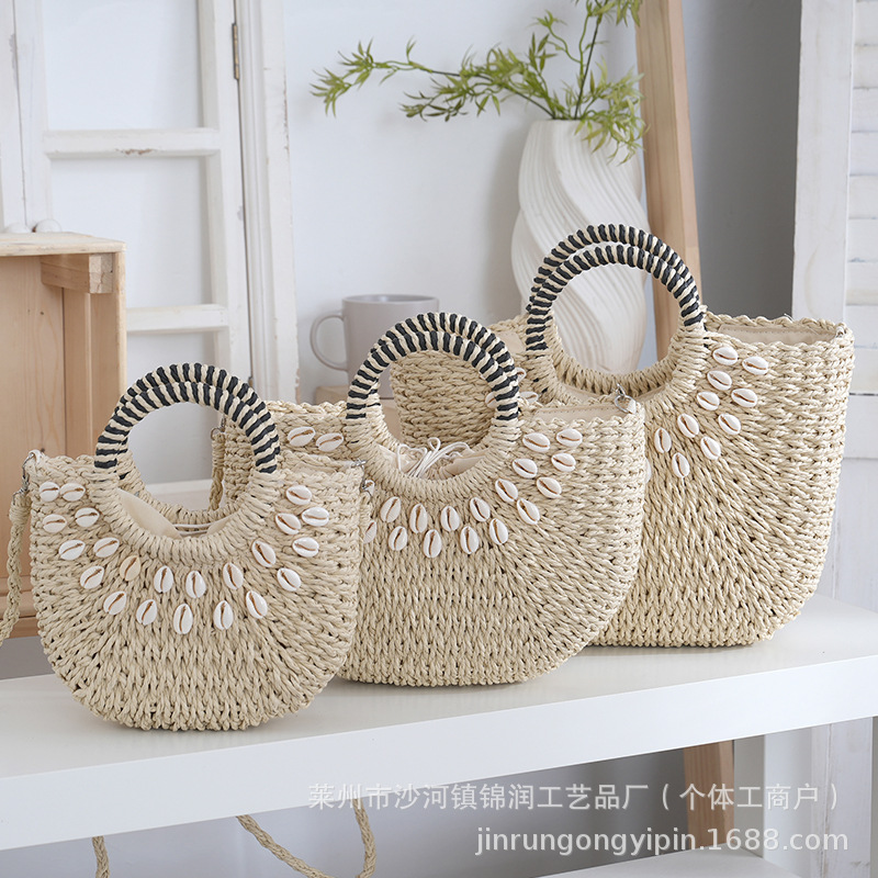 Summer new simple style natural shell half-round handbag, paper rope woven bag, vacation woven bag, vacation women's bag