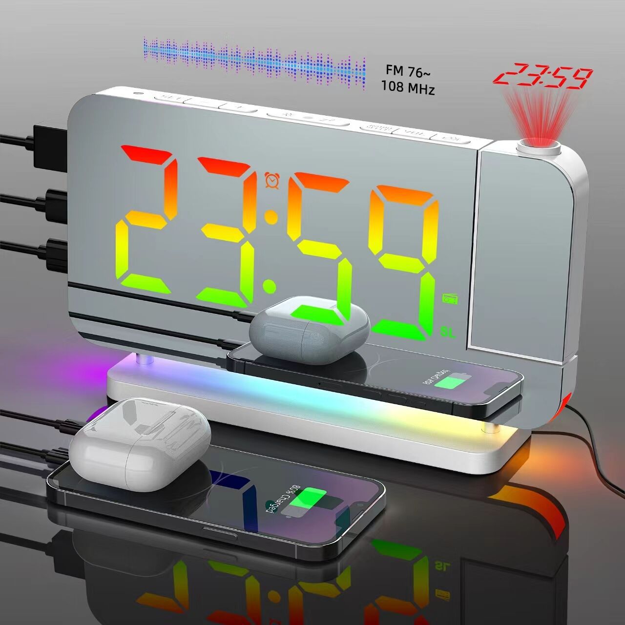 2026 New RGB Colorful Night Light Radio Projection Clock LED Electronic Clock Desktop Alarm Clock