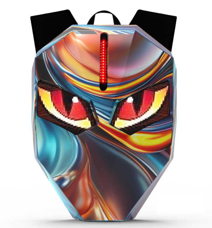 LED Rider Motorcycle Travel Backpack with DIY Glowing Eyes, Helmet Pouch, Waterproof, Unisex