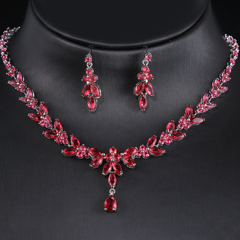 Simple long marquise teardrop zirconia white gold necklace and earrings jewelry set, bridal accessories