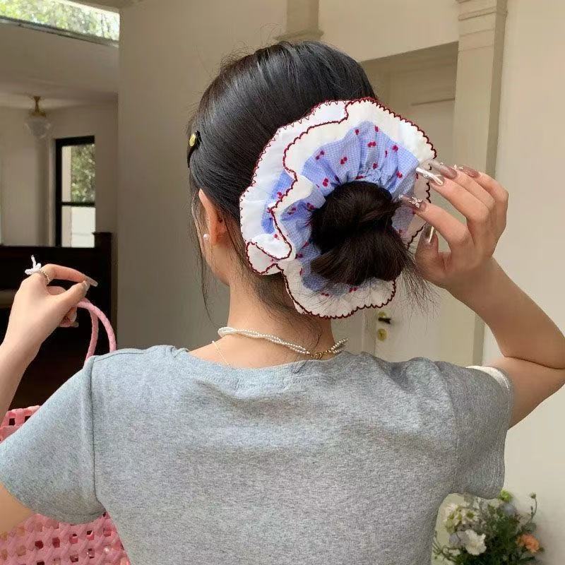 20#蓝色格子红线波点撞色花边约16cm
