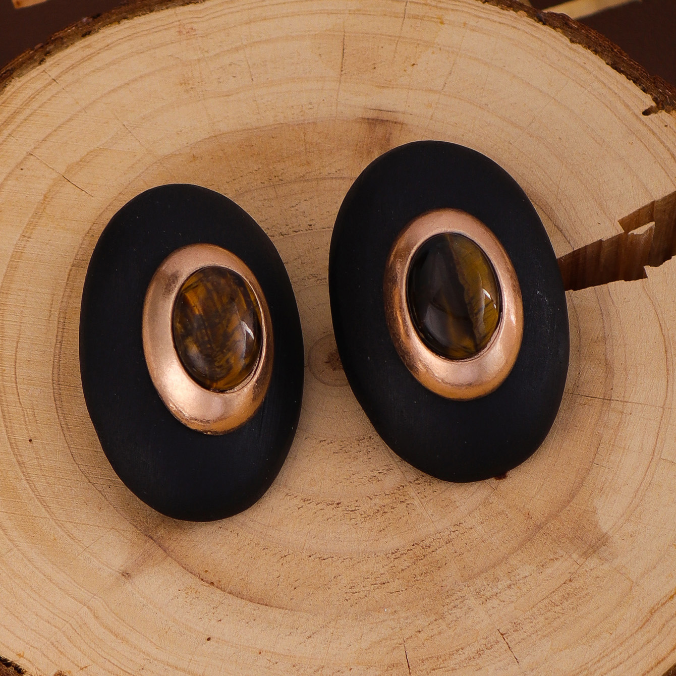 Original Design Wind Accessories Exaggerated Wood Oval Stone Metal Stud Earrings Women