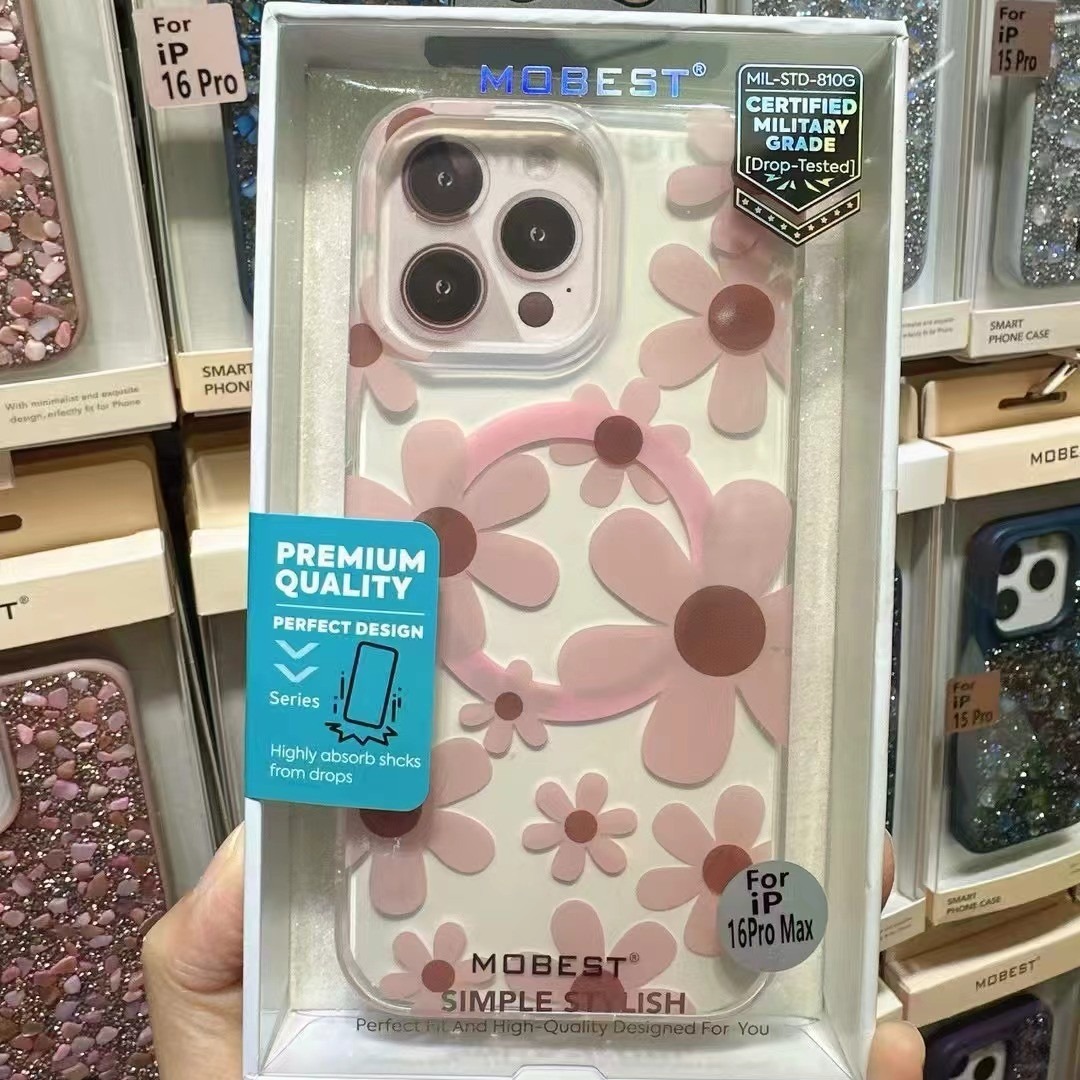 For iPhone 17 Pro Max Oil Painting Flower Magnetic Phone Case Apple 16 Electroplated Sunflower Cherry Blossom Case