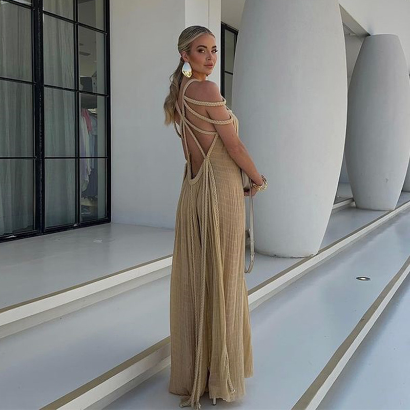 2024 New Spring Women Long Dress Tie Strap Off Shoulder Sexy Halter Loose Vacation Beach Dress