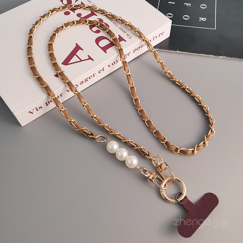 Diagonal crossbody pearl leather card chain phone lanyard women small fragrance long back strap metal chain Nordic style new