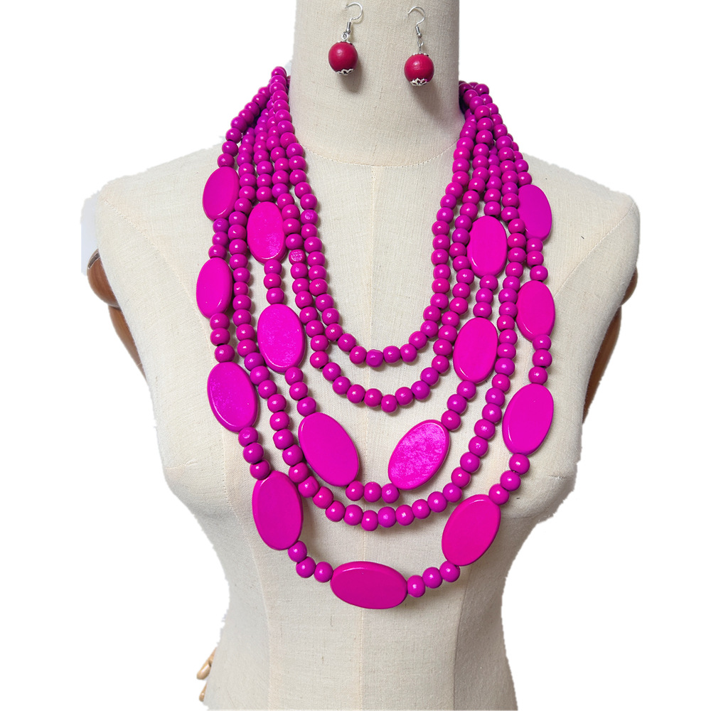 Wooden pieces beads multi-layer tassel necklace ethnic style sweater chain accessories necklaces