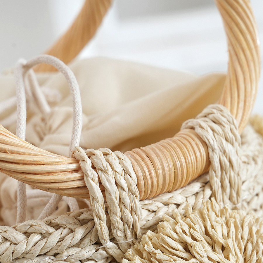 Summer fresh women's handbag, handmade woven pearl flower decoration bucket bag, round bracelet straw bag