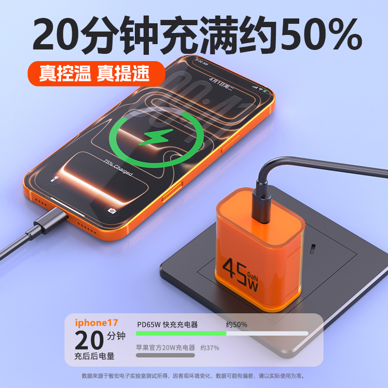 PD protocol 45W China standard 3C certified mini orange transparent PD3.0 gallium nitride charger travel plug charging head
