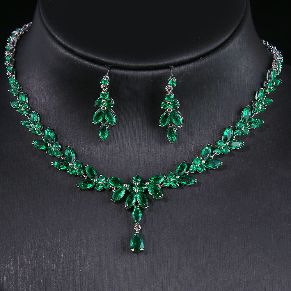 Simple long marquise teardrop zirconia white gold necklace and earrings jewelry set, bridal accessories