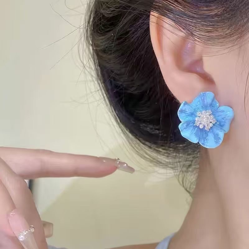 Sweet camellia pearl zircon ear studs women gentle whitening earrings elegant ear accessories