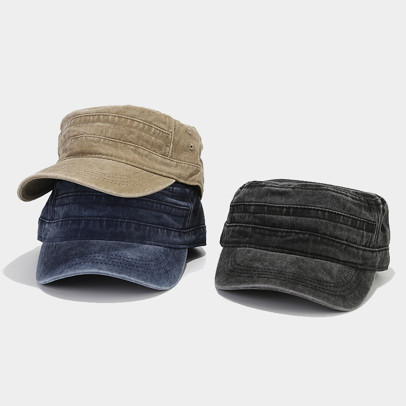 British Washed Distressed Flat Top Sailor Cap, Military Training Plain Solid Color Military Cap for Men and Women, Short Brim Sun Duckbill Cap