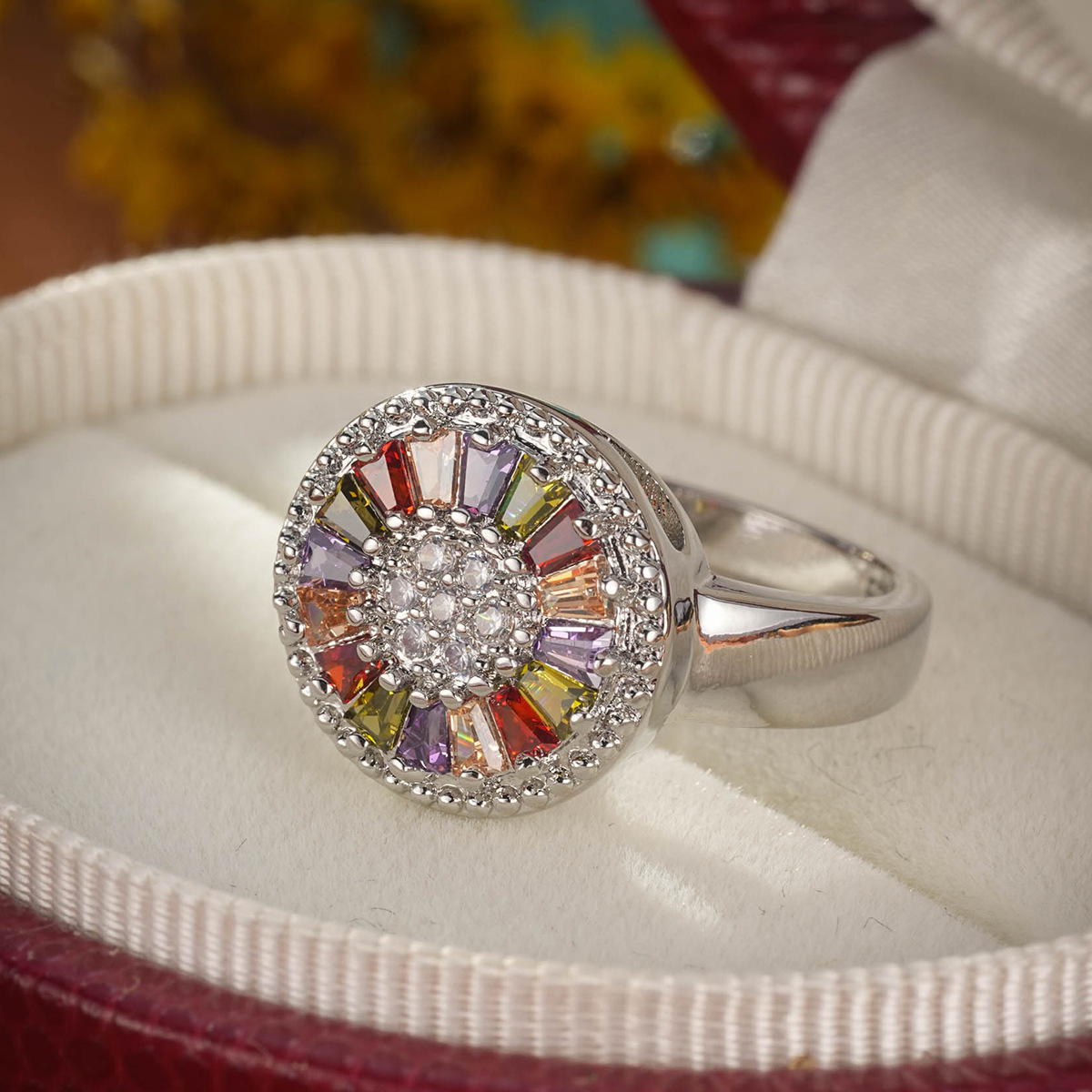 Colored Gemstone Ring Fashion Jewelry Rainbow Color Zircon Jewelry Flower Women's Ring