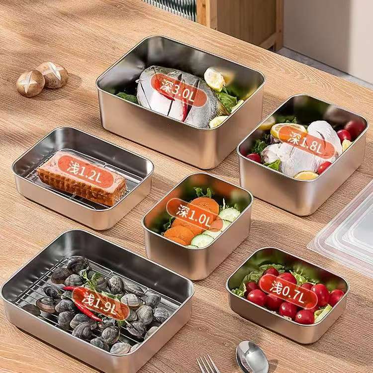 Stainless steel fresh-keeping box commercial cold storage box with lid oil filter rack refrigerator storage box rectangular sealed lunch box