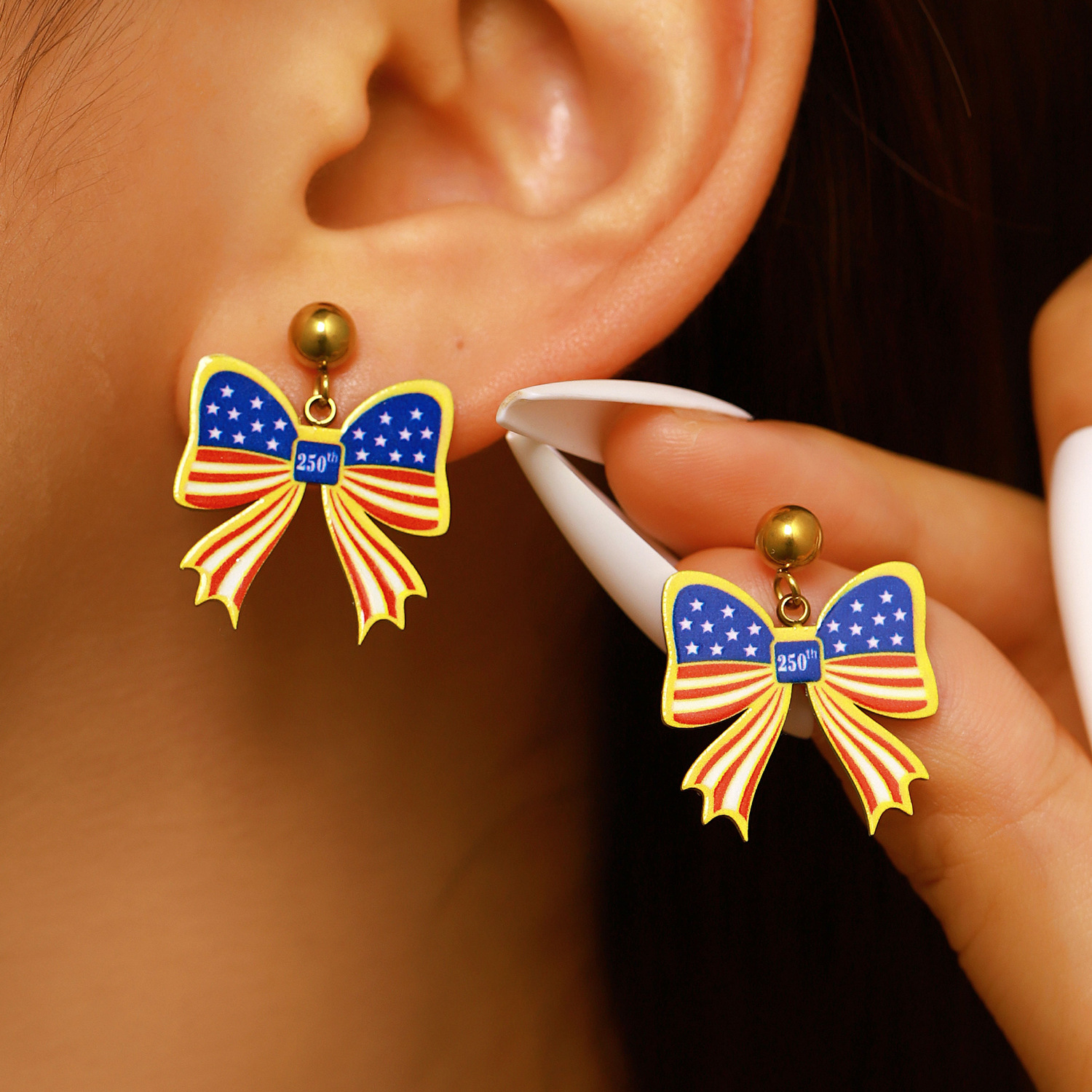 250th Anniversary American Independence Day Commemorative Brooch Earrings Ring Necklace Women's Bow Pendant Collarbone Chain Jewelry