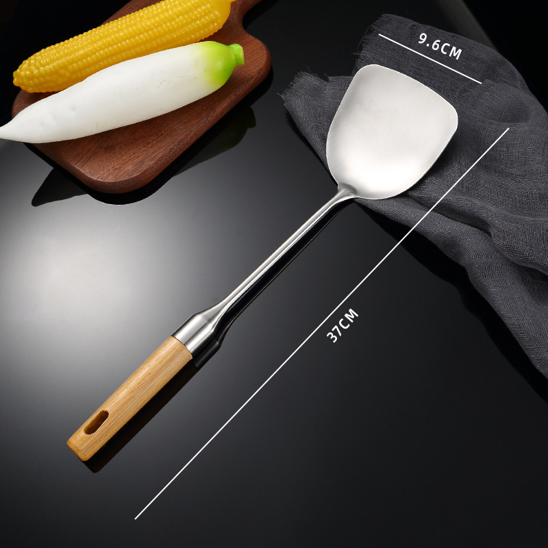 304 stainless steel spatula spoon beech wood wok spatula soup spoon anti-scald chef spoon spatula Shuangli wooden handle set long handle