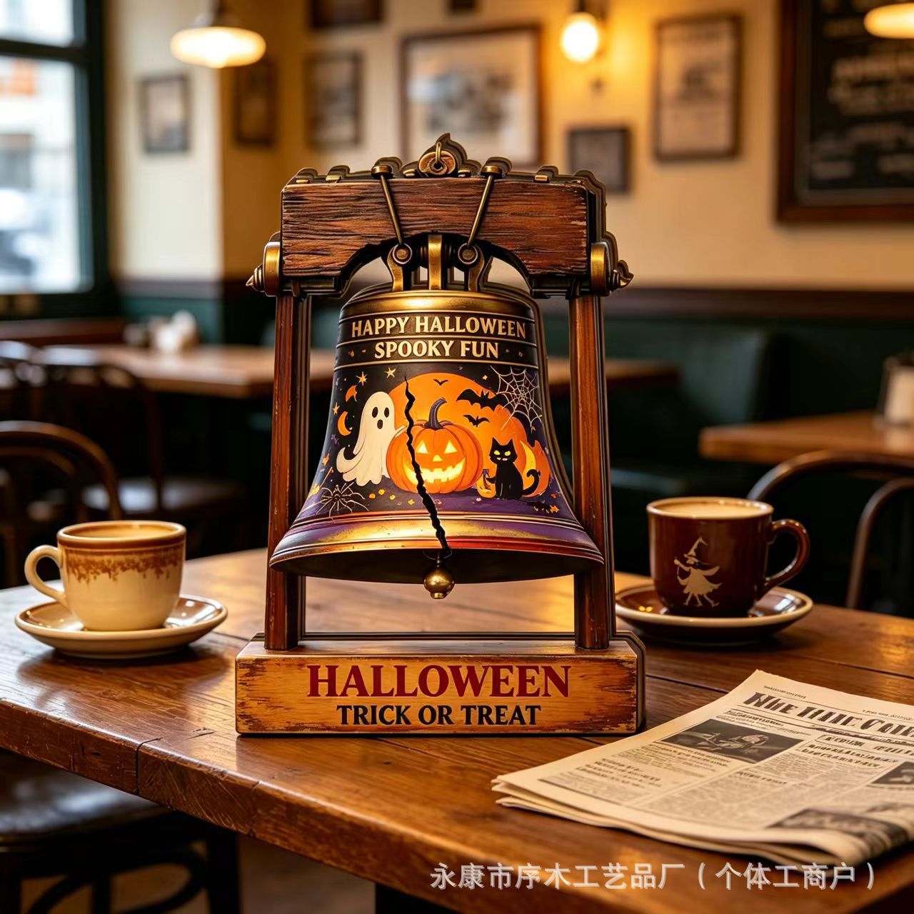 American Style Halloween Wooden Bell Ornament Distressed Tabletop Decoration Ghost Pumpkin Halloween Holiday Craft Ornament