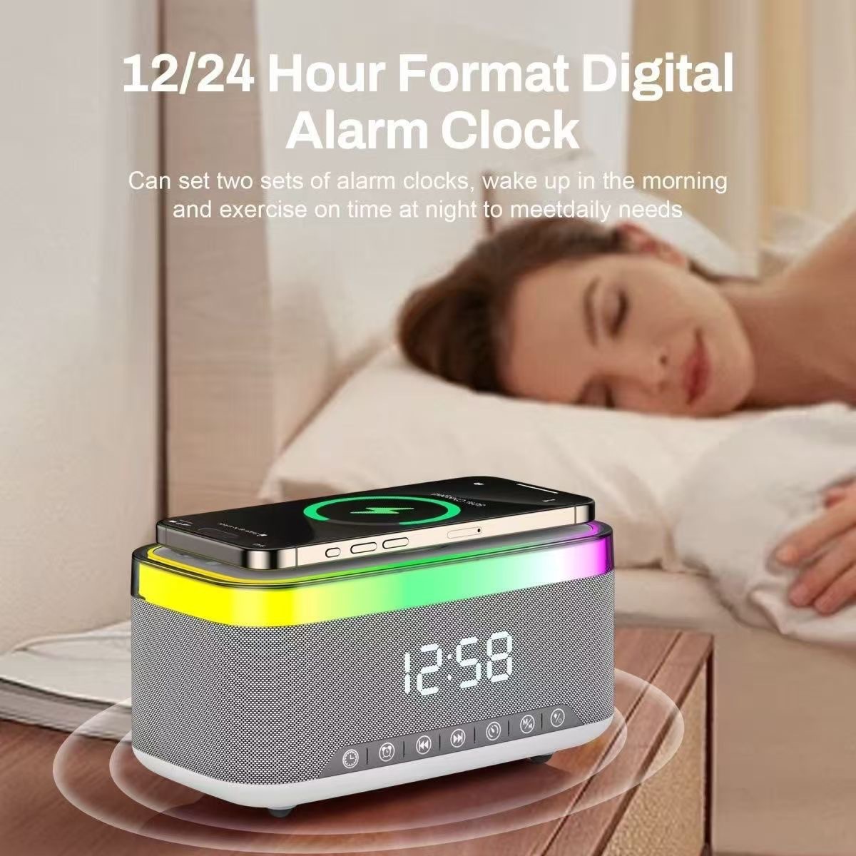 New LED display clock alarm clock 15W wireless charging speaker white noise high power Bluetooth small speaker