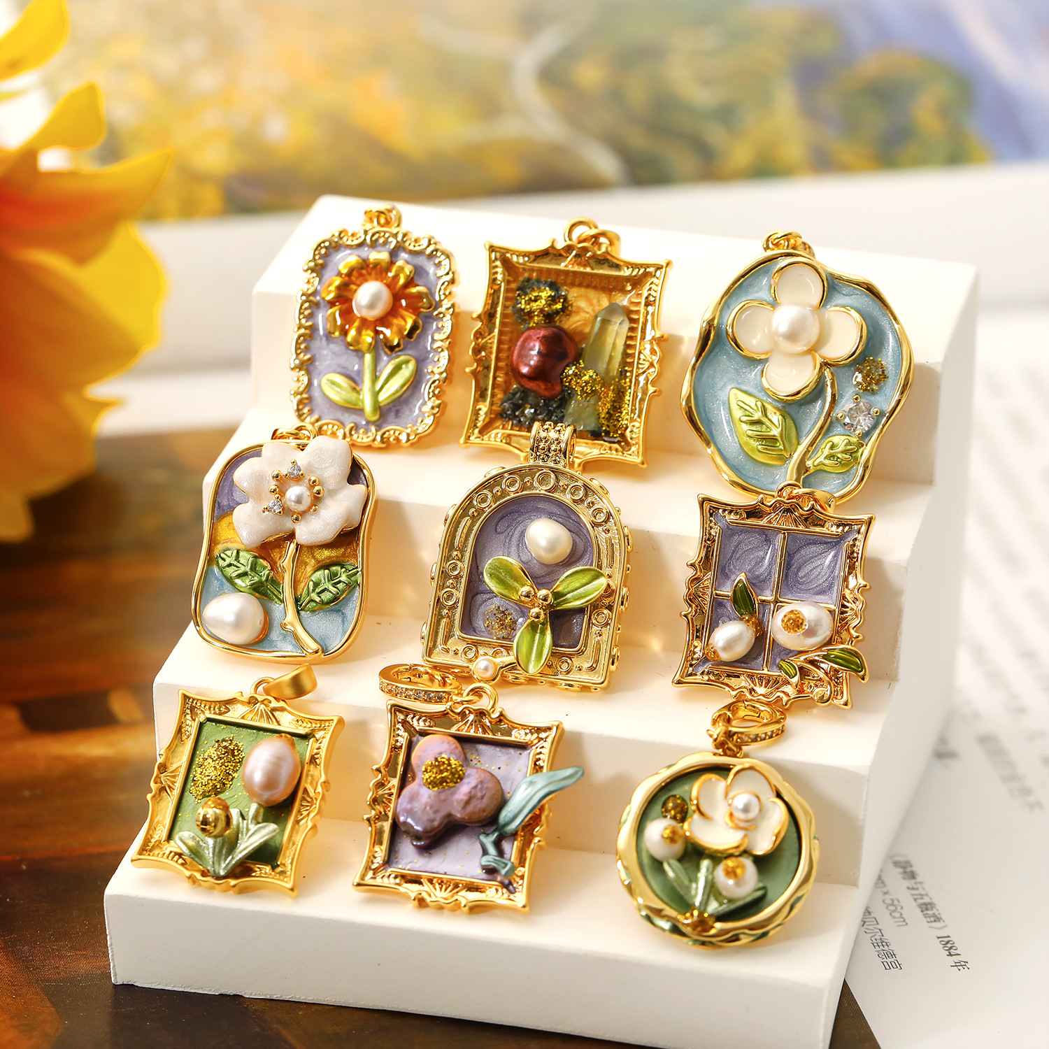 Vintage Oil Painting Style Necklace Pendant DIY Handmade Necklace Pendant Baroque Pearl Petal Sweater Chain