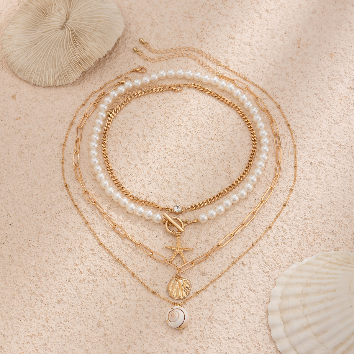 Jewelry bead necklace beach faux pearl ornament starfish shell vacation necklace