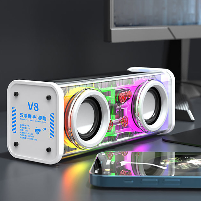 Hot V8 Transparent Mecha Colorful Light V1 Bluetooth Speaker Double Bar Mini Steel Cannon Bass Diaphragm Support Tandem