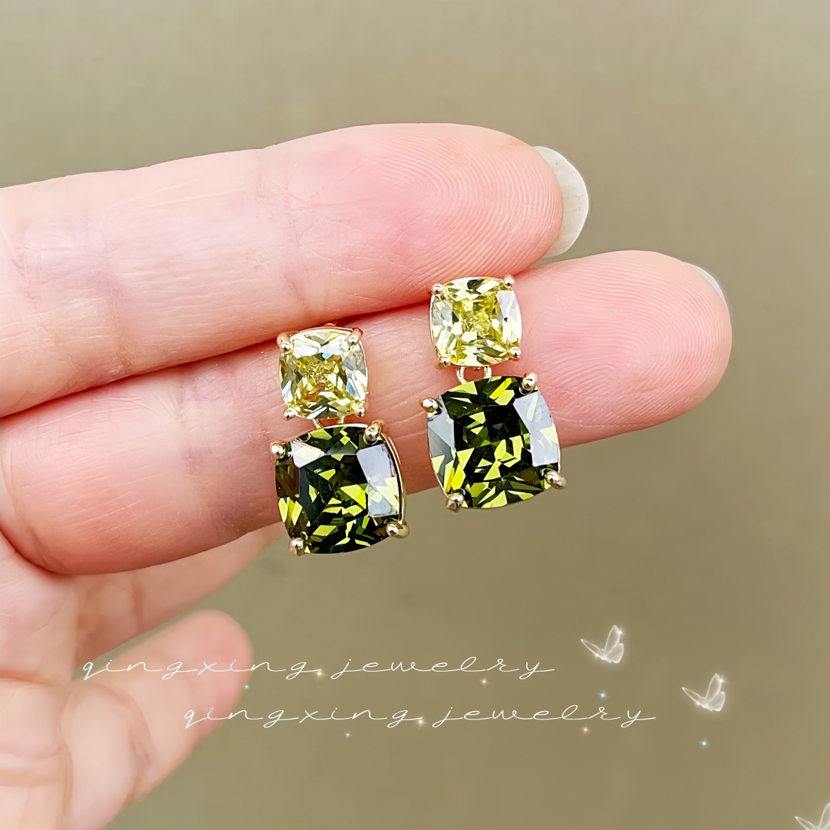 Olive Green Zirconia Exquisite Square Ear Studs No Piercing Ear Clip Earrings Silver Needle Women's Ear Jewelry