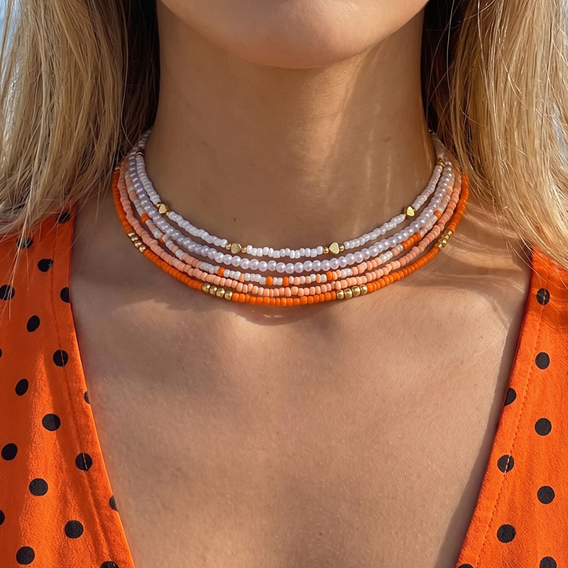 5-piece Set Random Seed Bead Heart Necklace Set Beach Season Seaside Party Women's Neck Accessory