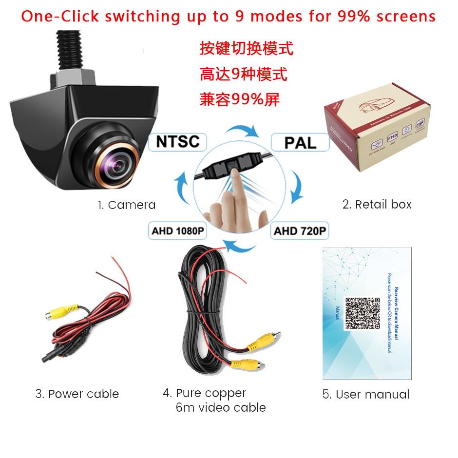 AHD car camera reversing image 360 degree HD wide angle night vision 1080P fisheye rear view external mount