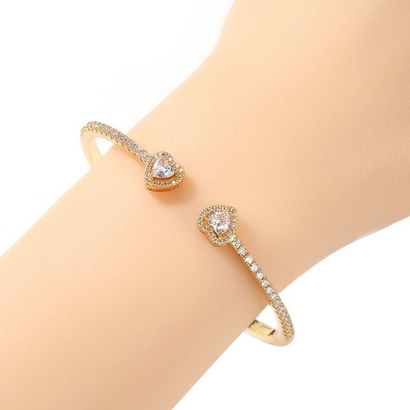 Gold-plated zircon heart-shaped open bangle for women jewelry