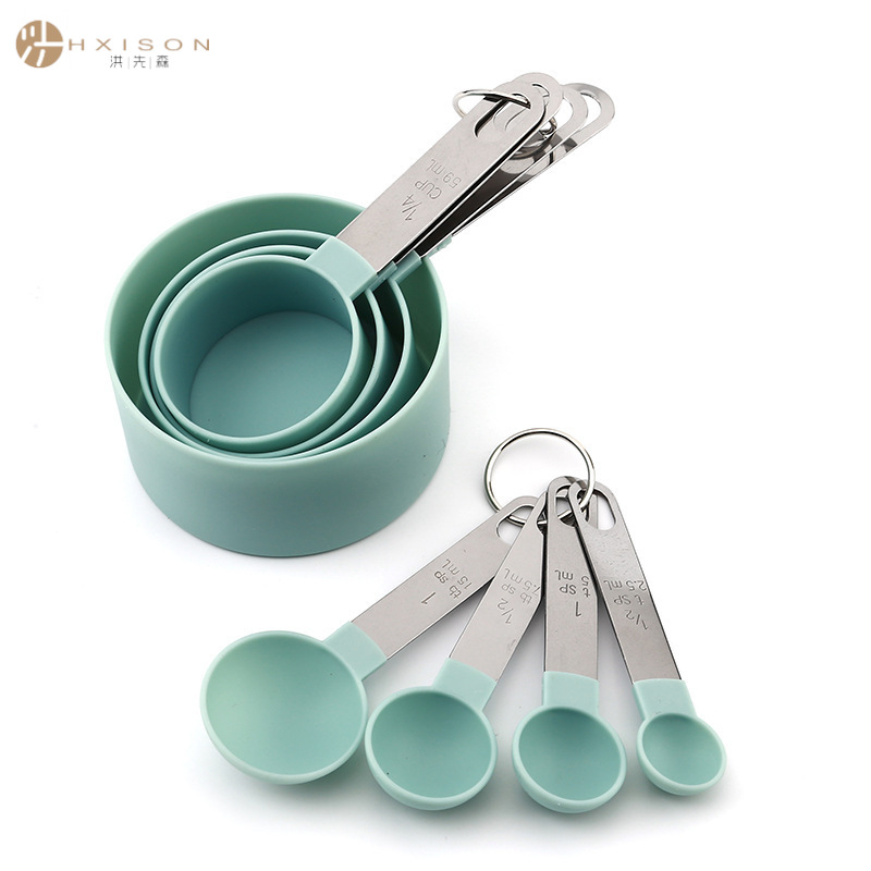 Stainless steel measuring cup and spoon set, plastic stainless steel handle measuring spoon 8-piece set with刻度 baking tool