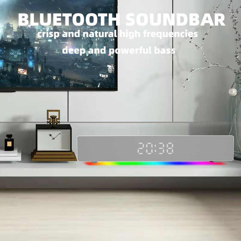 Custom new Bluetooth speaker with clock alarm, supports TF card USB, hands-free, long-strip soundbar stereo