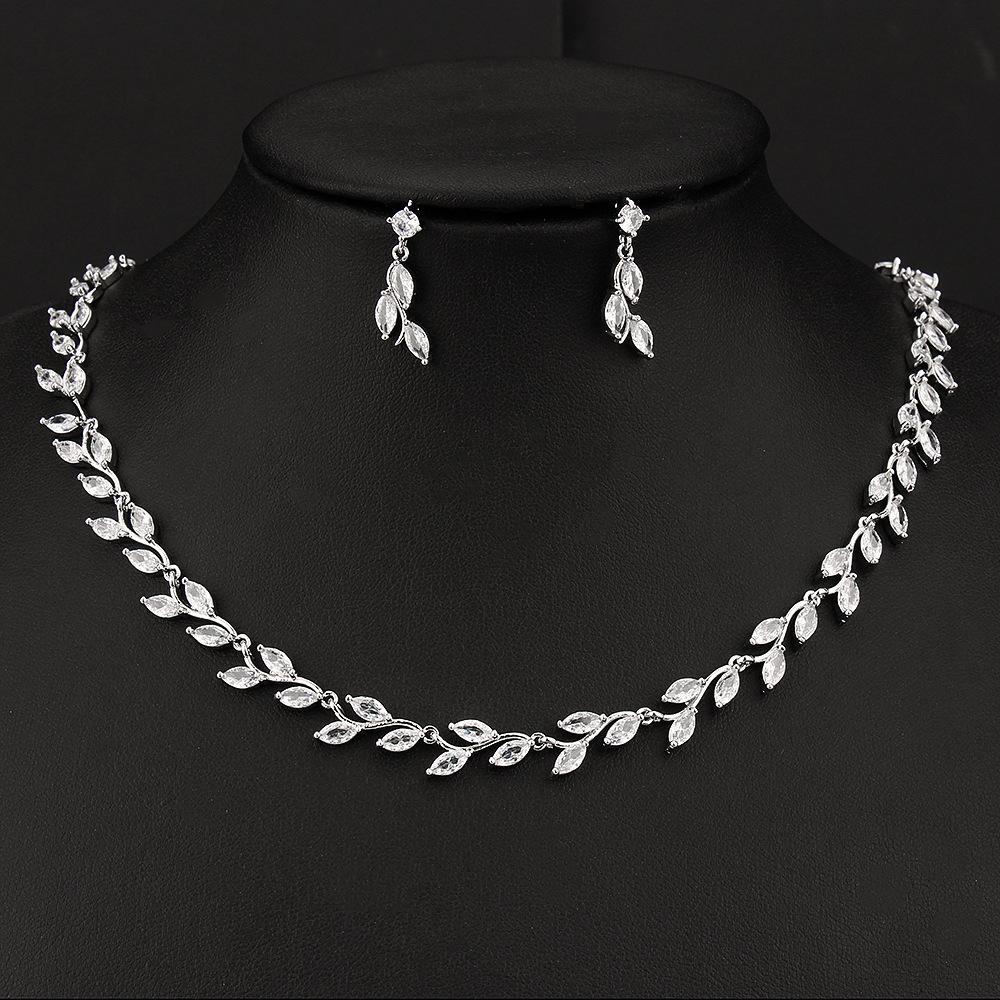 Leaf copper zircon necklace earring jewelry two-piece set bridal accessory gift women