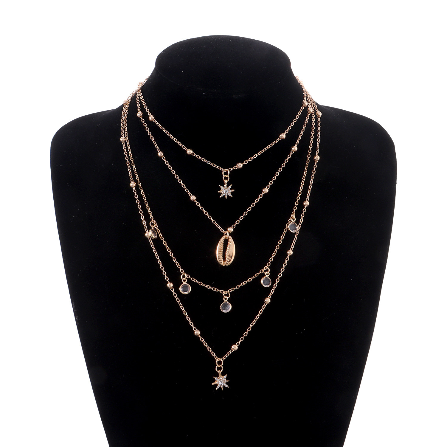 Accessories Women's Full Diamond Six-pointed Star Pendant Necklace Multi-layer Hip-hop Rhinestone Shell Necklace