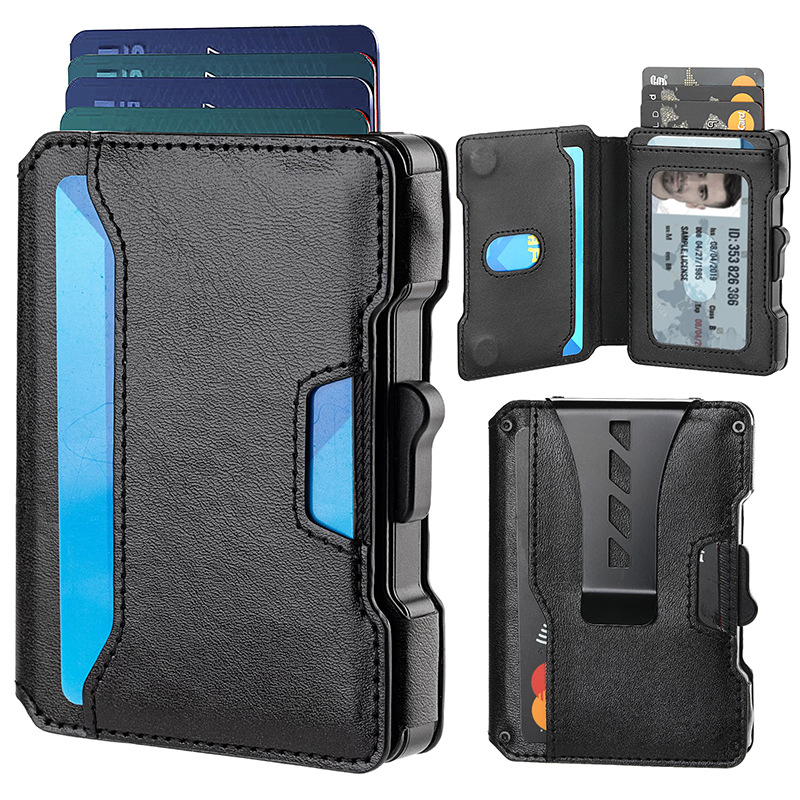 One-Click Pop-Up Metal Genuine Leather Card Holder RFID Anti-Theft Function Multi-Card Slot Men's Wallet