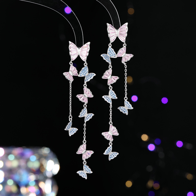 s925 Silver Needle Super Fairy Zircon Inlaid Face-Shaping Earrings Long Tassel Flying Butterfly Earrings