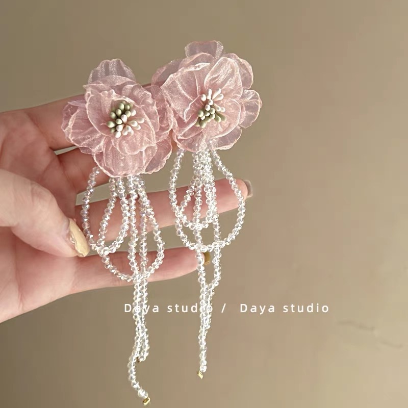 Burning Rose exaggerated wine red tassel earrings earrings flower ear studs