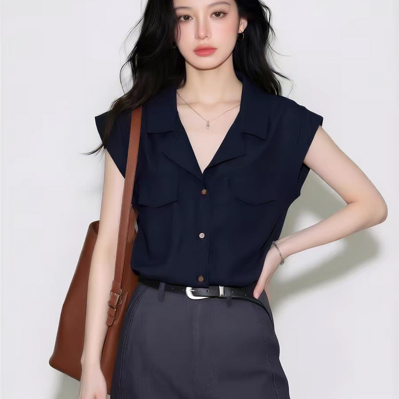Navy Blue Turn-Down Collar Short-Sleeve Shirt Summer 2026 Women's Office Top