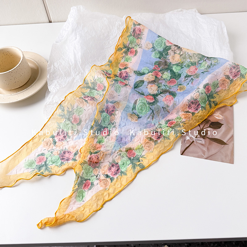 Oil painting wrinkled small triangle square scarf, silk scarf for women, neck protection mother matching shirt hair band neck scarf thin scarf