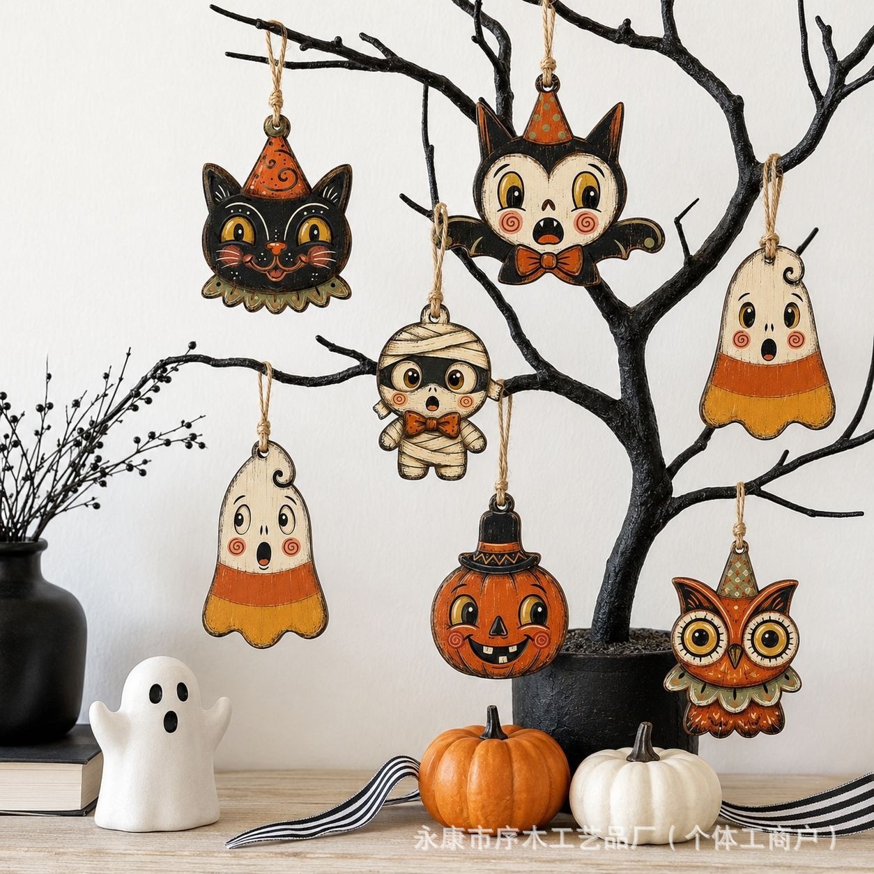Halloween Wooden Color Print Hanging Ornament Pumpkin Black Cat Ghost Mummy Small Hanging Decoration Home Wall Branch Decoration