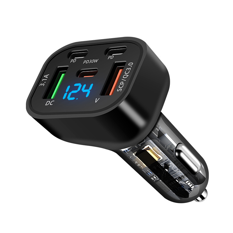 Digital Display Car Charger Fast Charge Head Five-Port PD Flash Charge Compatible with Android Apple High Power Car Charger