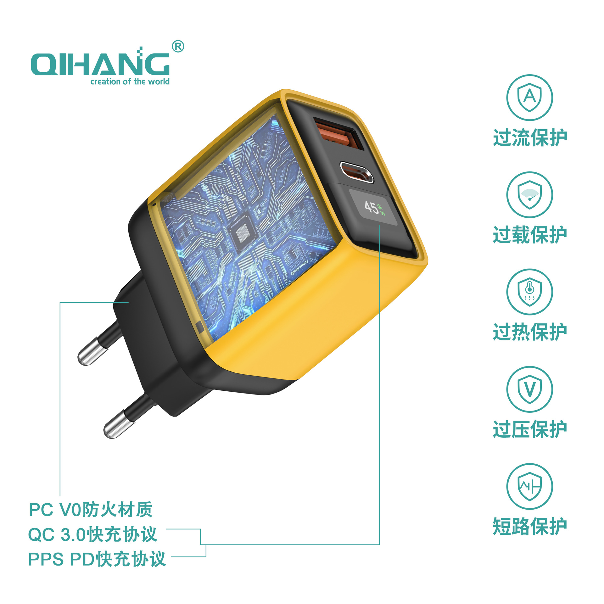 European Standard GaN Charger 45W Fast Charging Phone Charging Head Compatible with Apple Huawei Samsung Dual Port Charging Head