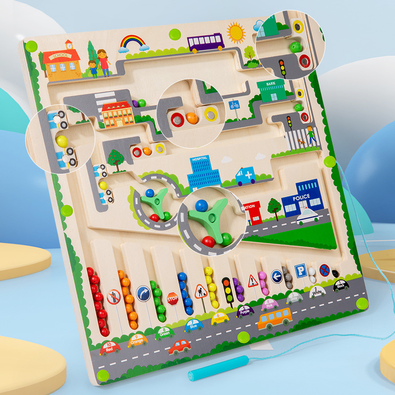 Educational Pen-moving Bead Maze Children's Early Learning Color Classification Numbers Traffic Magnetic Maze Tabletop Toy