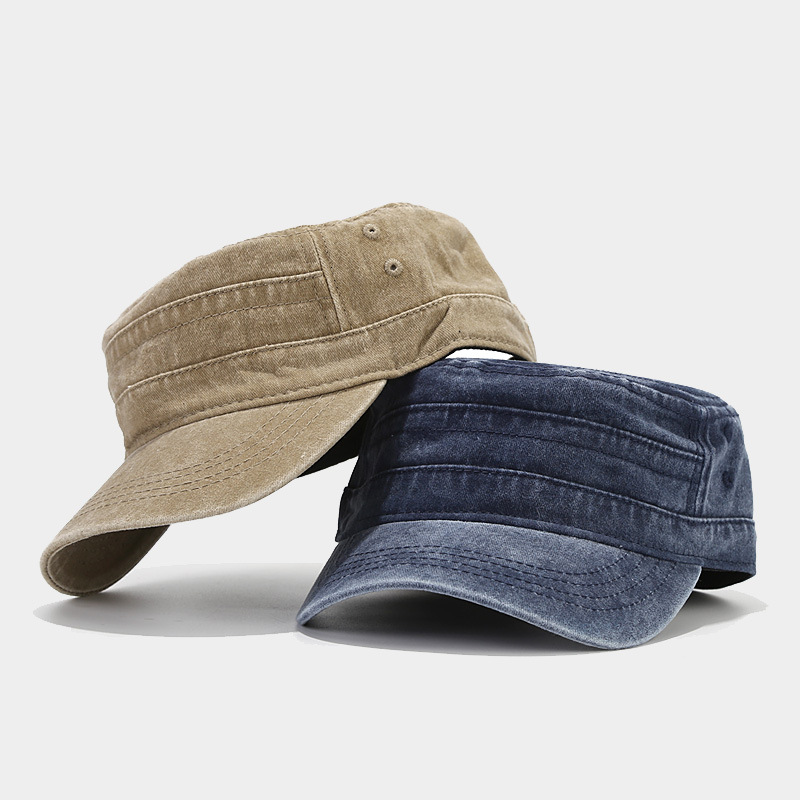 British Washed Distressed Flat Top Sailor Cap, Military Training Plain Solid Color Military Cap for Men and Women, Short Brim Sun Duckbill Cap