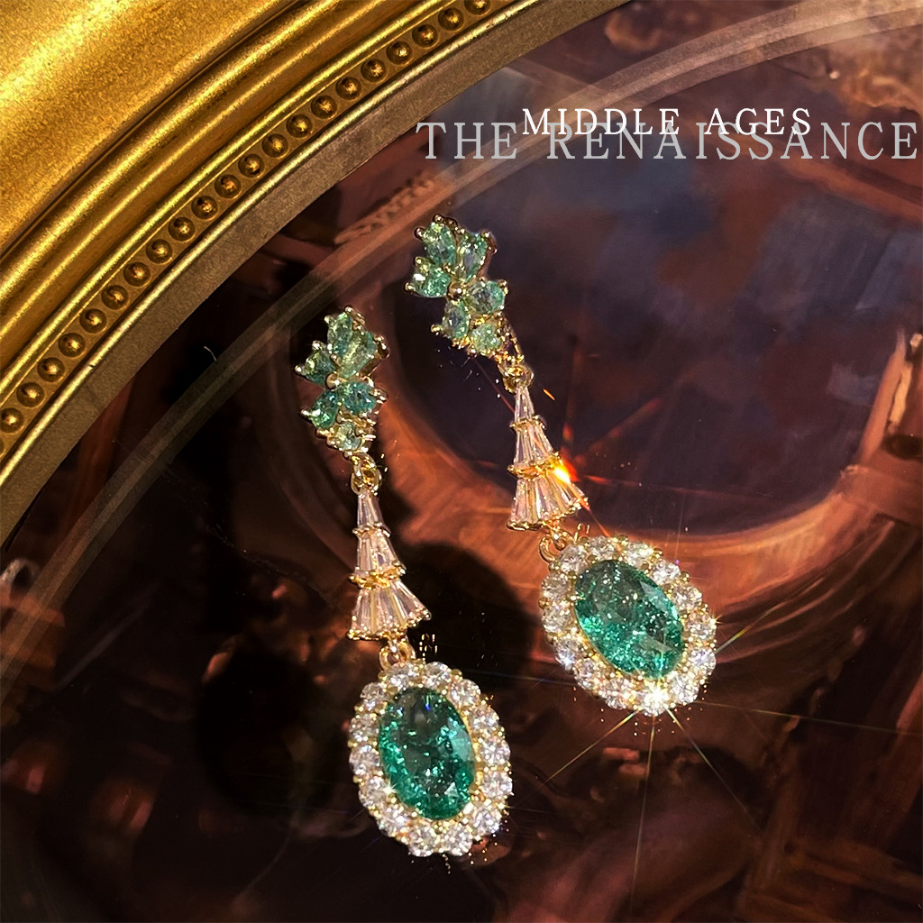 Vintage Retro Heavy Craft Colored Gem Zircon Earrings Exaggerated Western Style Ear Studs Court Style Ear Accessories