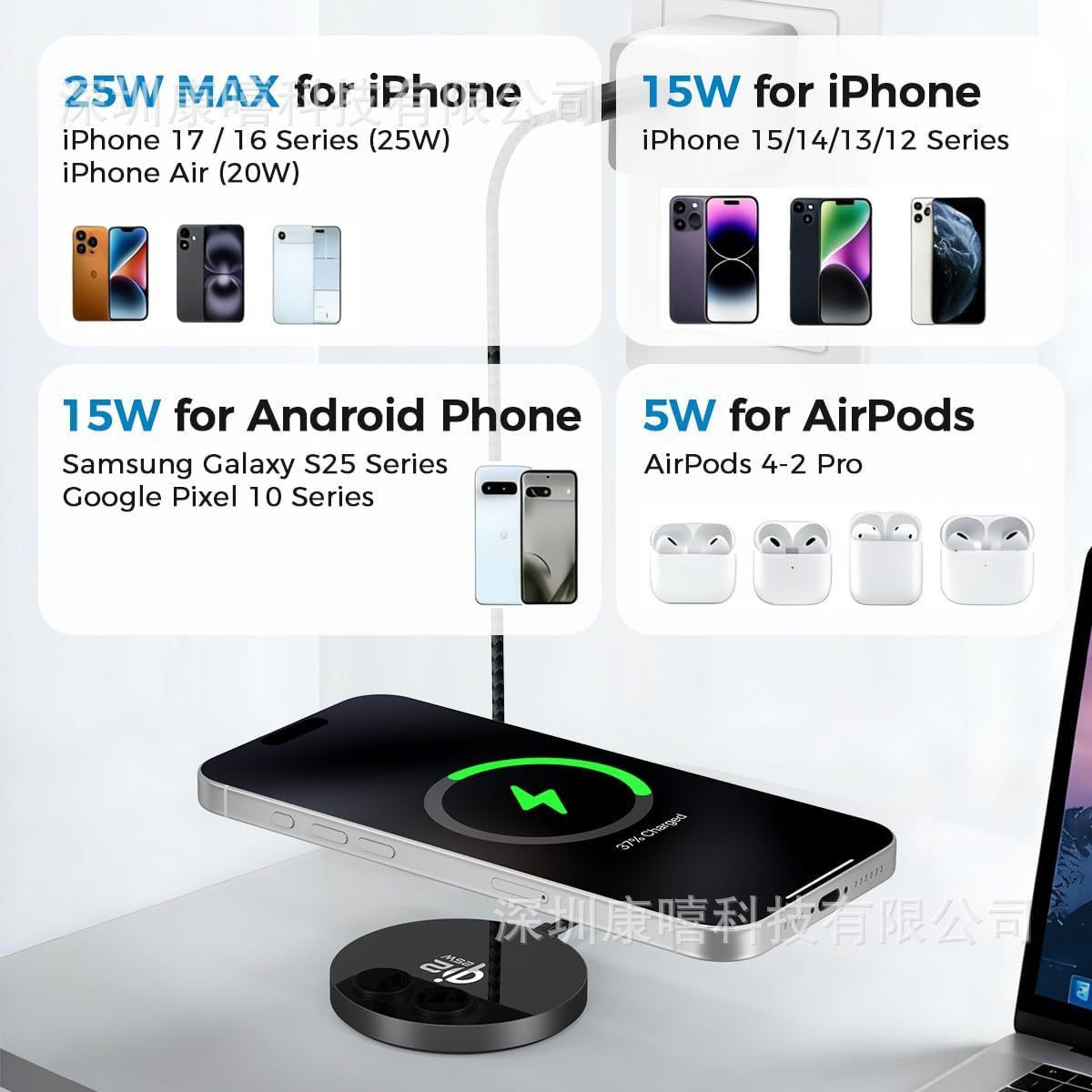 25W Stand Magnetic Wireless Fast Charger Qi2.2 Compatible with Samsung Google Apple Phone Portable Charger