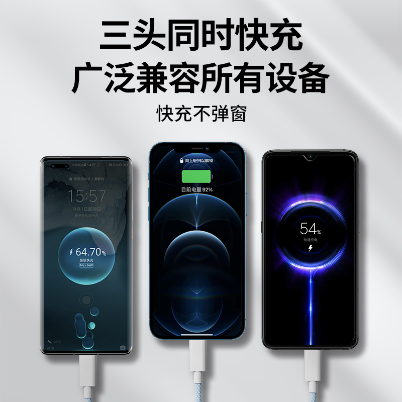 120W Data Cable 3-in-1 Charger One-to-Three Braided Car Multi-Head for Apple Android Huawei 6A