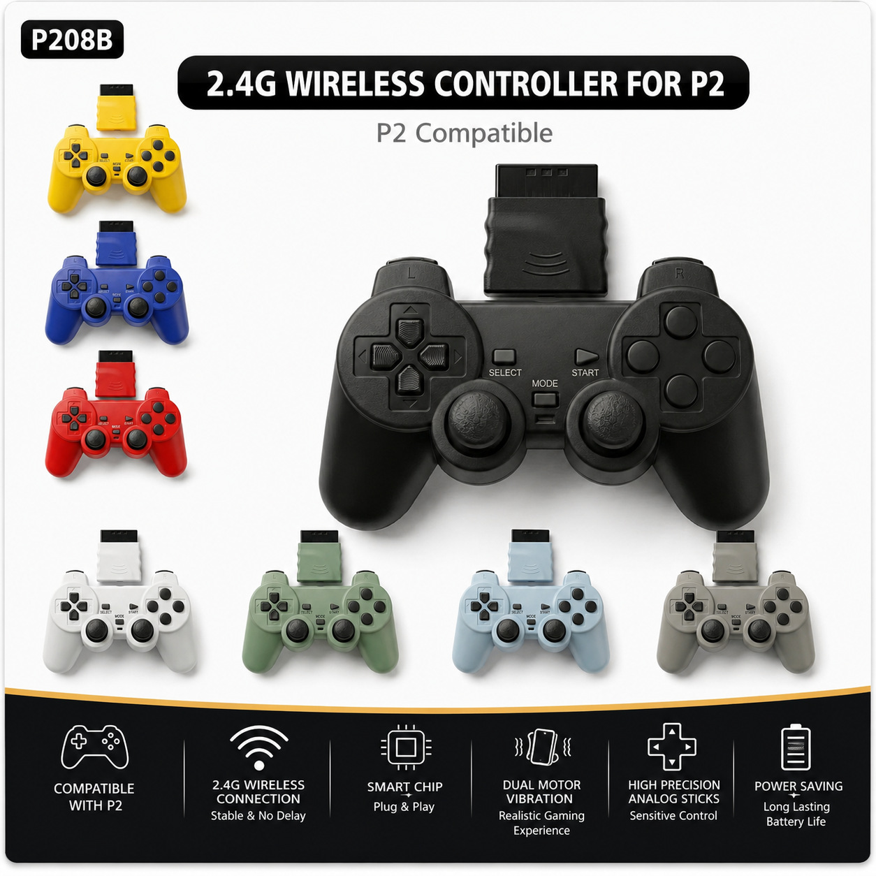 P2 Wireless Game Controller Dual Vibration 2.4G Wireless Supports P2 Console 16 Colors Transparent