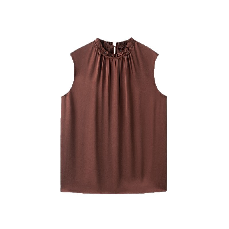 New Satin Mulberry Silk T-Shirt for Women Summer Commute Ruffled Sleeveless Vest Top Mid-Length