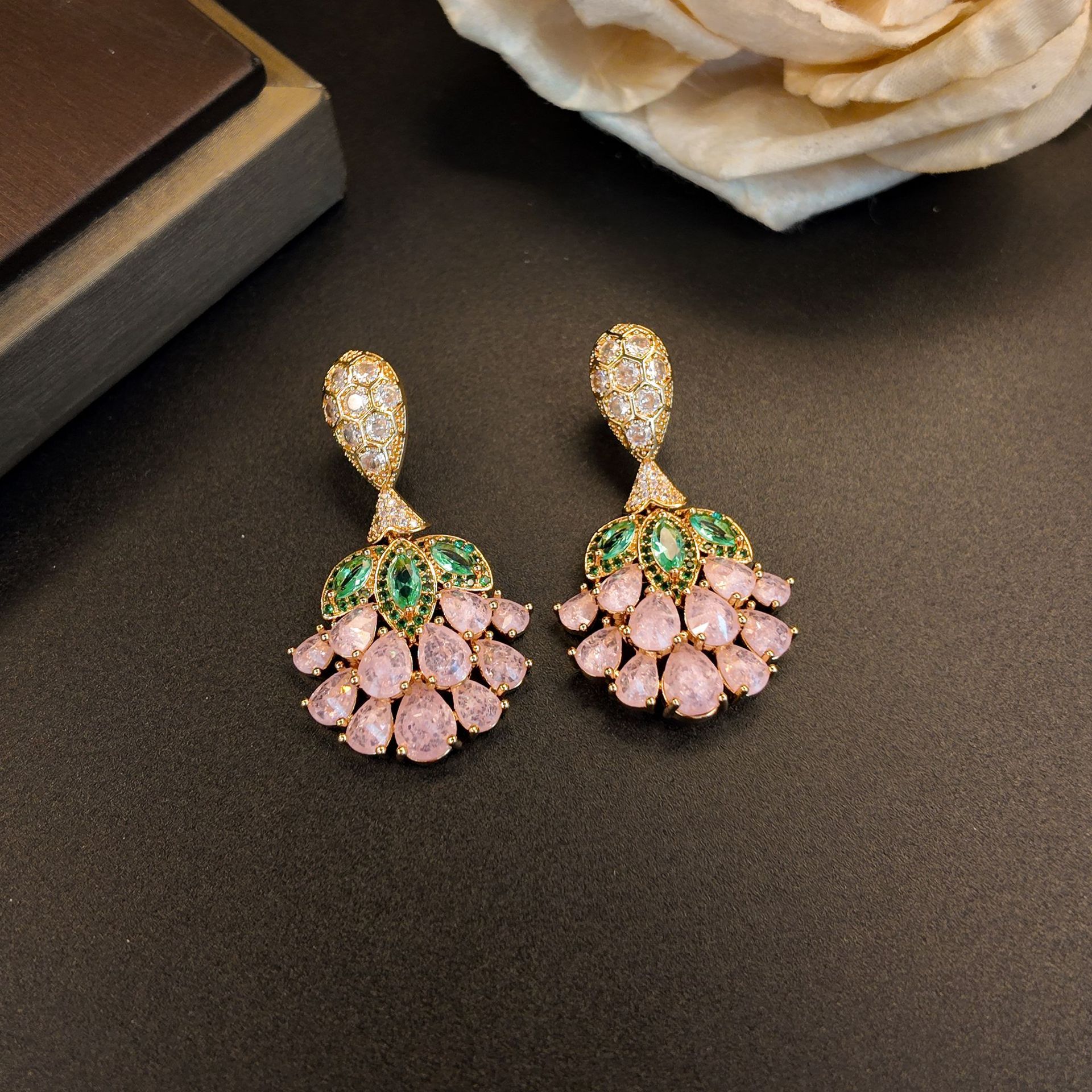 Copper inlaid zircon green leaf pink drop petal scallop flower earring women's accessories