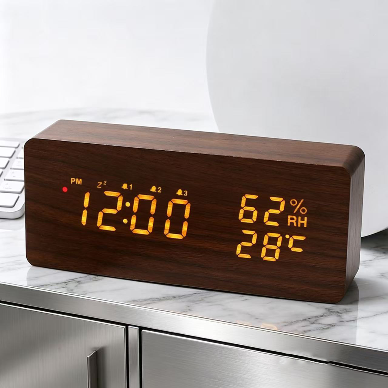 Smart radio-controlled clock with automatic time setting, snooze alarm, Japanese radio-controlled clock, LED wooden clock, German radio-controlled electronic clock