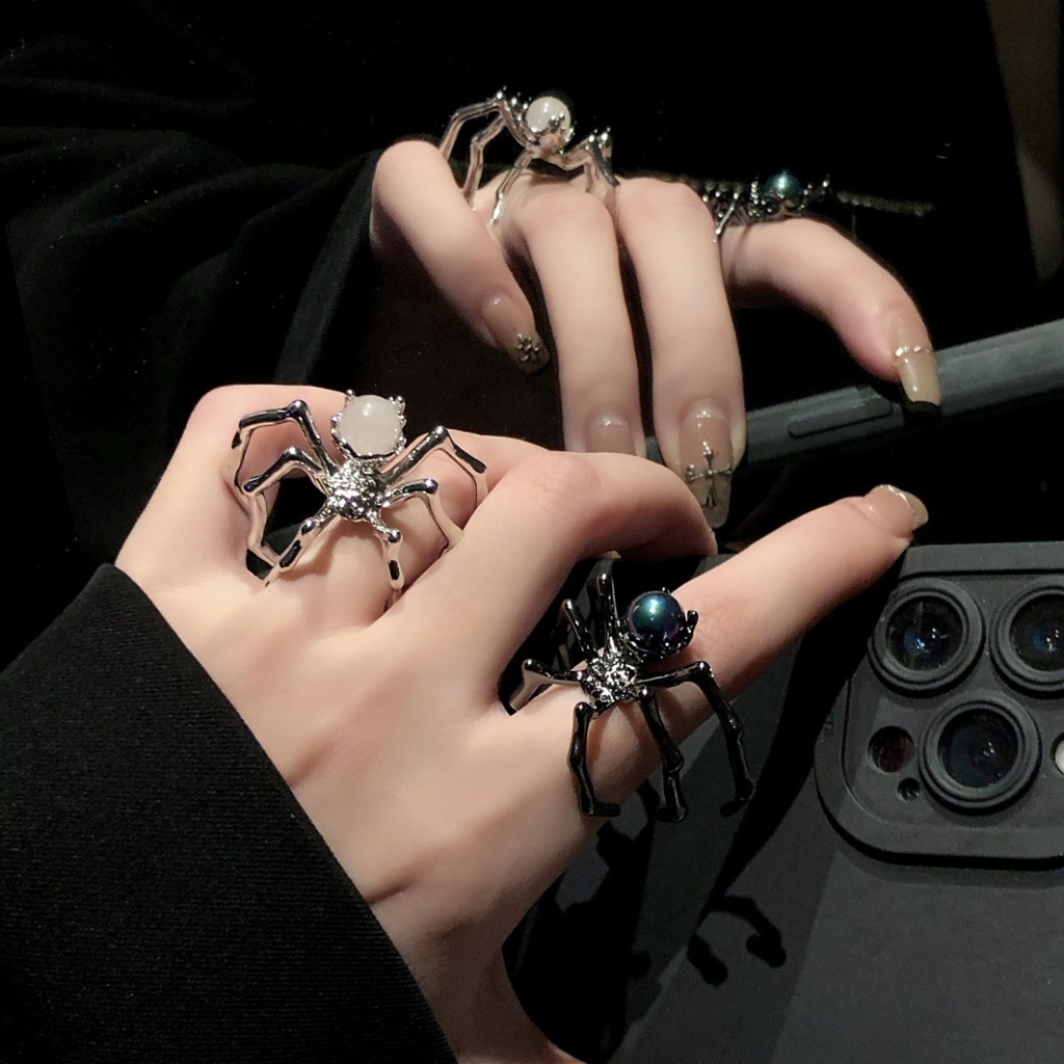Black Spider Punk Ring with Moonstone Metal Open Adjustable